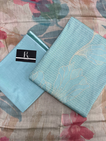 Sky Blue Cotton Unstitched Suit Material With Mull Cotton Dupatta (US020)