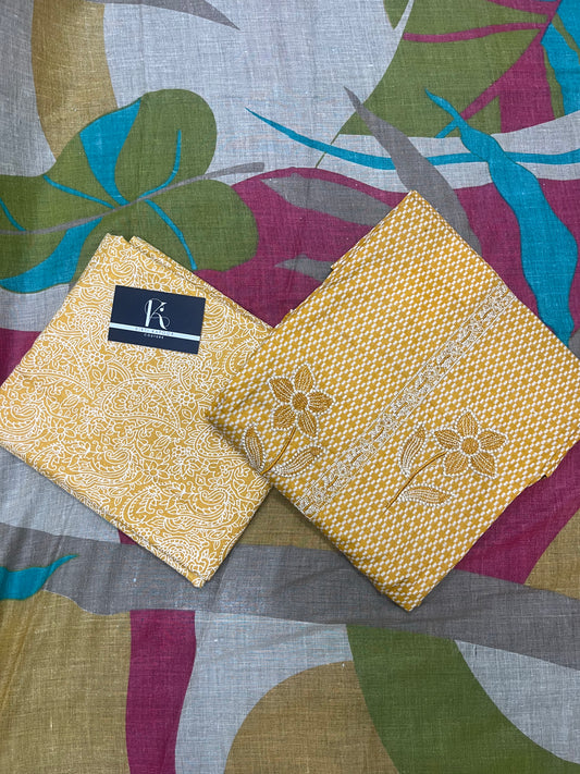 Yellow Cotton Unstitched Suit Material