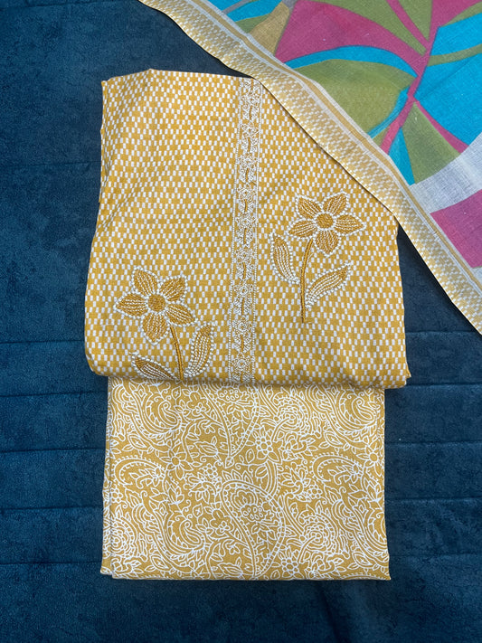 Yellow Cotton Unstitched Suit Material