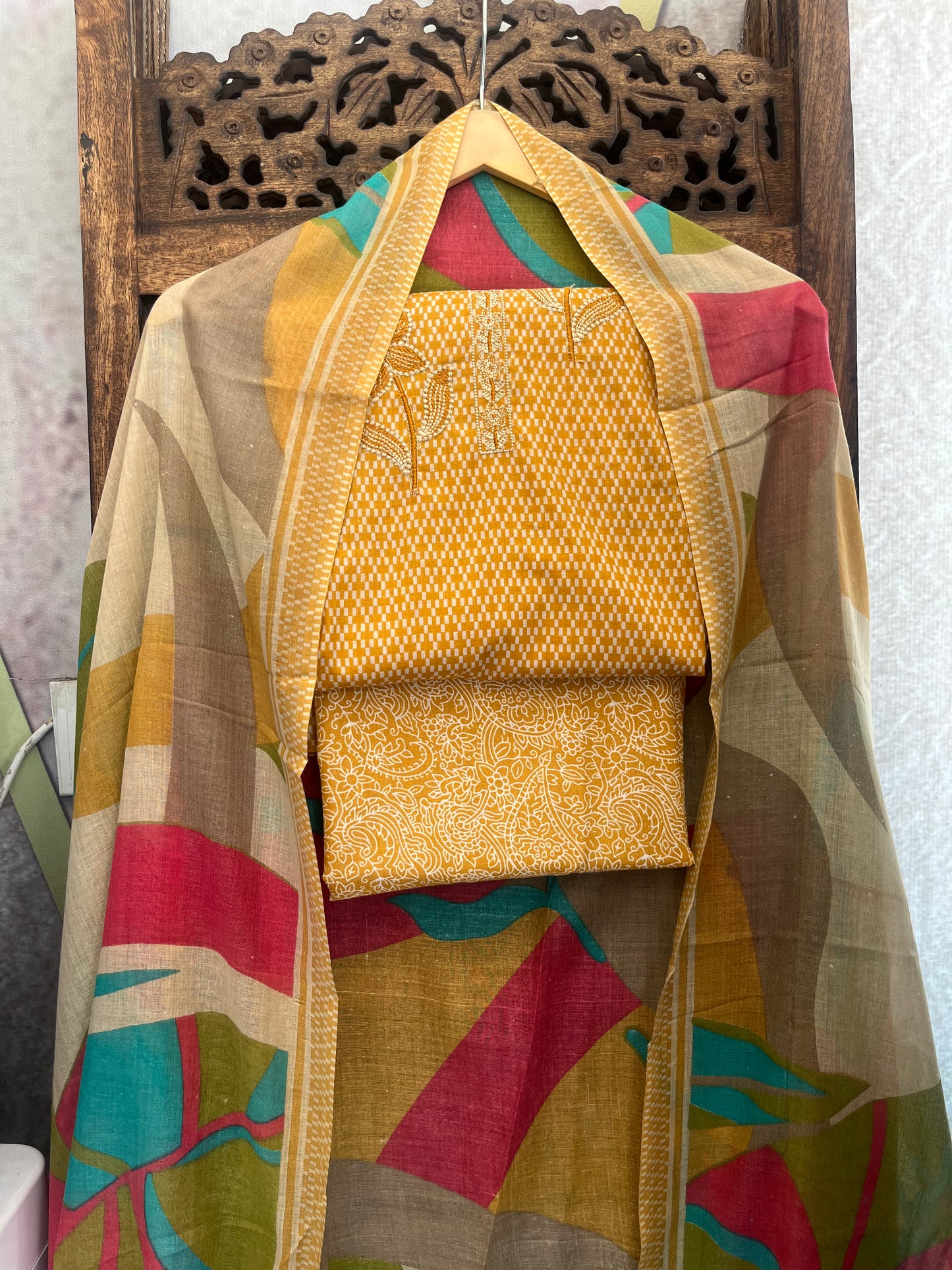 Yellow Cotton Unstitched Suit Material