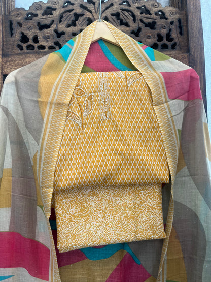 Yellow Cotton Unstitched Suit Material