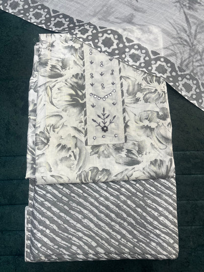 Black And White Cotton Unstitched Suit Material (US025)
