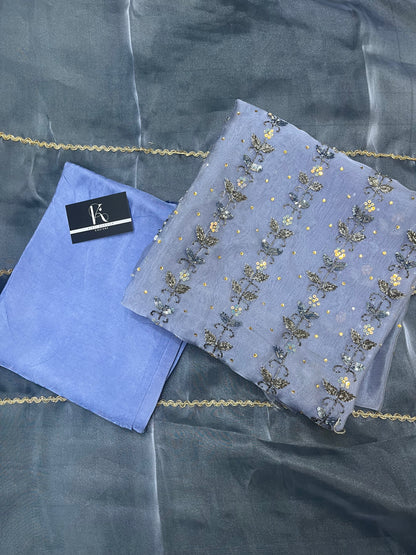 Blue Tissue Fabric Unstitched Suit Salwar With Dupatta (US)
