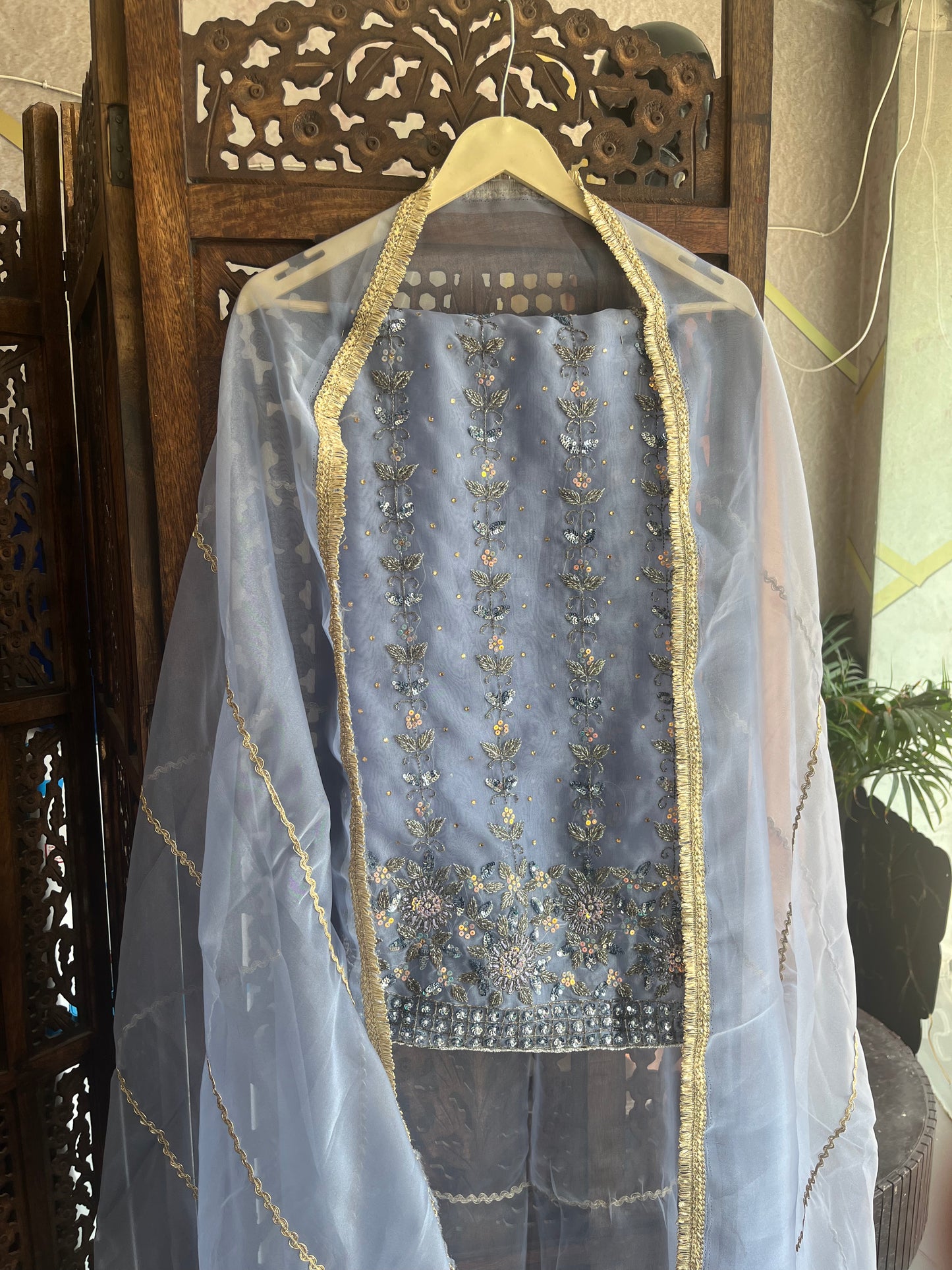 Blue Tissue Fabric Unstitched Suit Salwar With Dupatta (US)