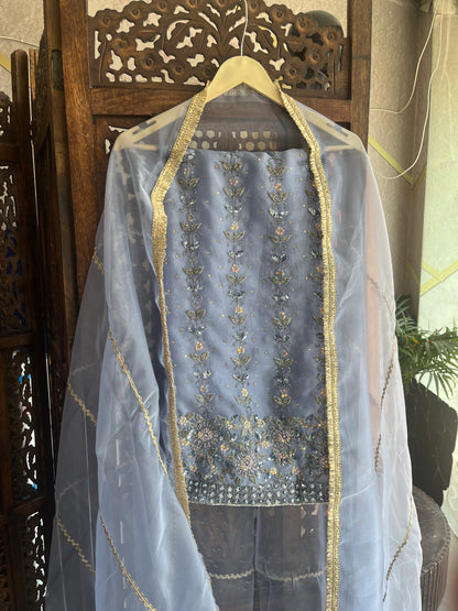 Blue Tissue Fabric Unstitched Suit Salwar With Dupatta (US)