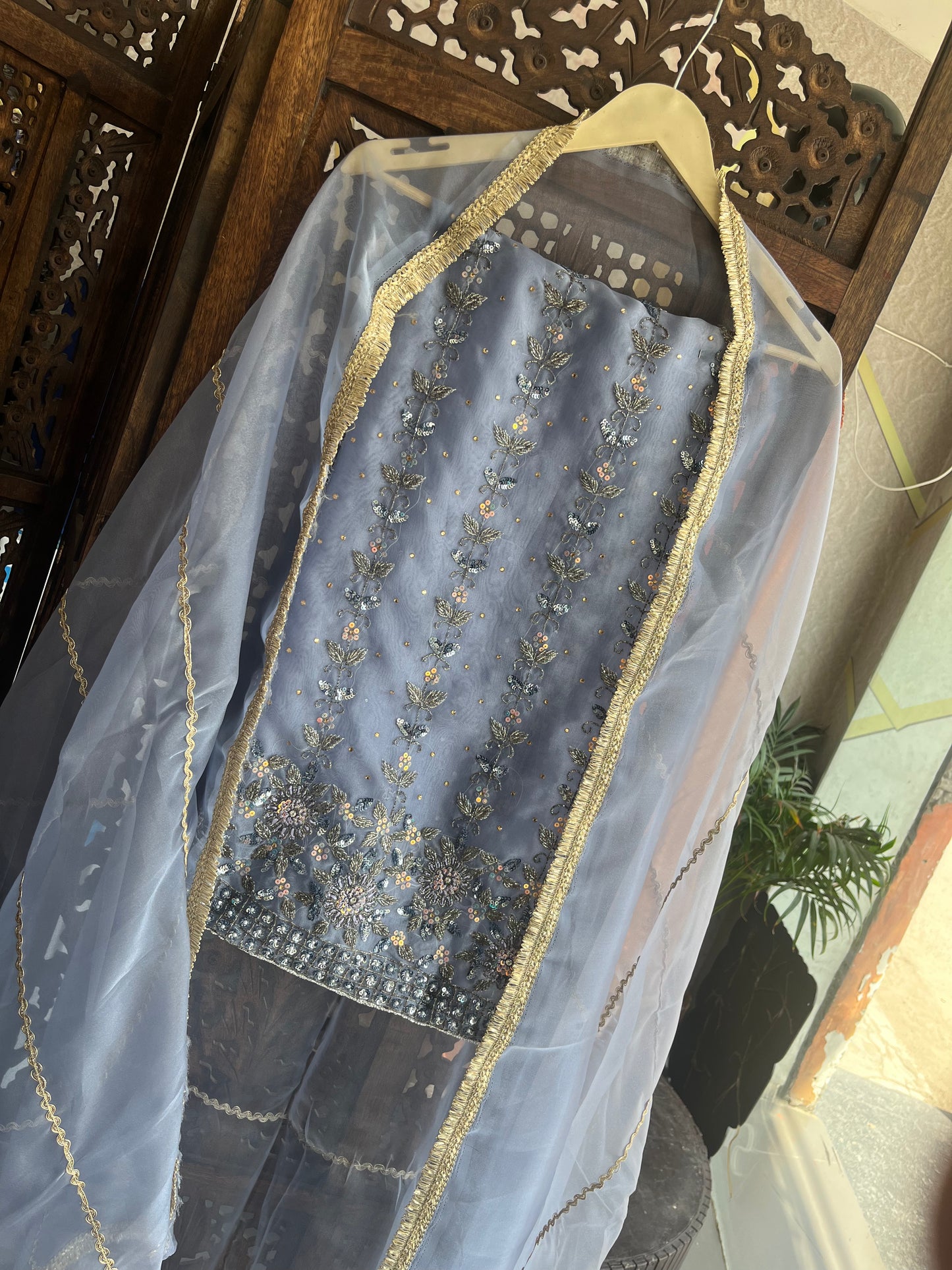 Blue Tissue Fabric Unstitched Suit Salwar With Dupatta (US)