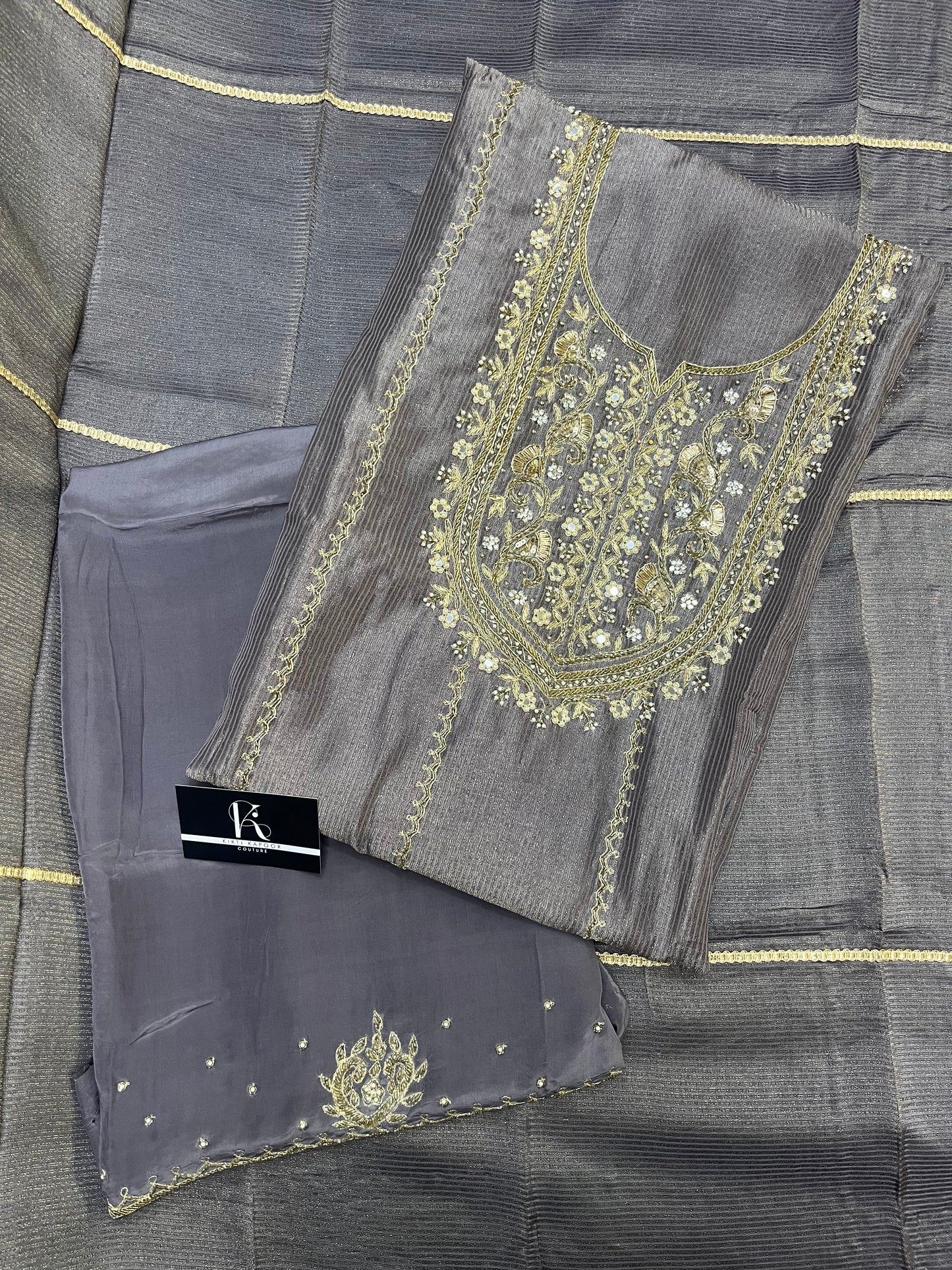 Grey Silk Embroidered Unstitched Salwar Suit with Dupatta (US)