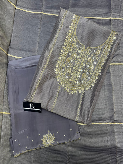 Grey Silk Embroidered Unstitched Salwar Suit with Dupatta (US)
