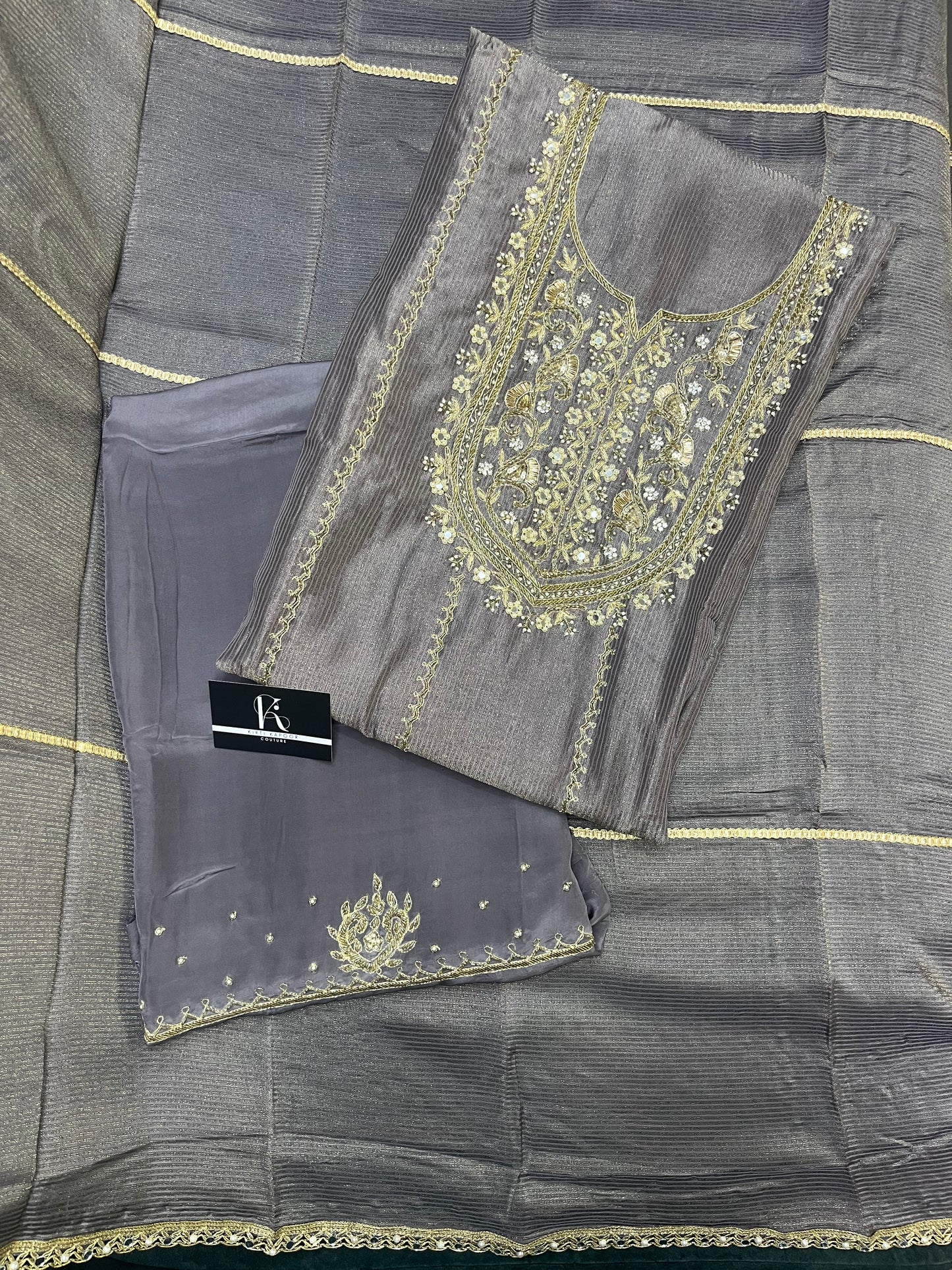 Grey Silk Embroidered Unstitched Salwar Suit with Dupatta (US)