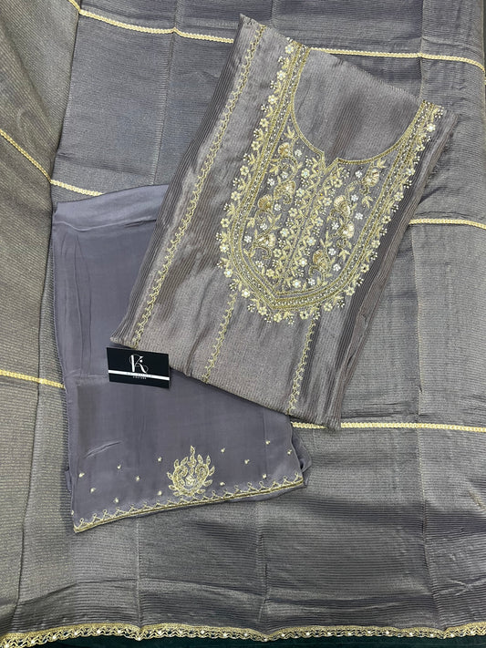 Grey Silk Embroidered Unstitched Salwar Suit with Dupatta (US)