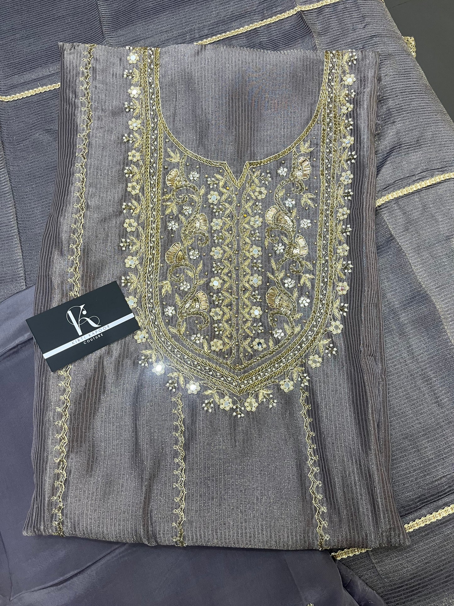 Grey Silk Embroidered Unstitched Salwar Suit with Dupatta (US)