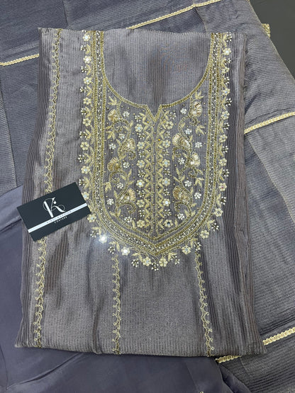 Grey Silk Embroidered Unstitched Salwar Suit with Dupatta (US)