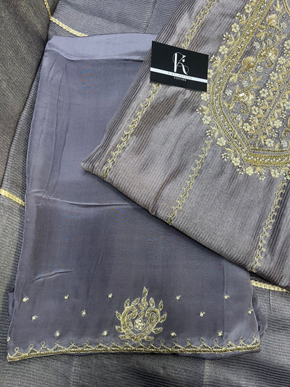 Grey Silk Embroidered Unstitched Salwar Suit with Dupatta (US)
