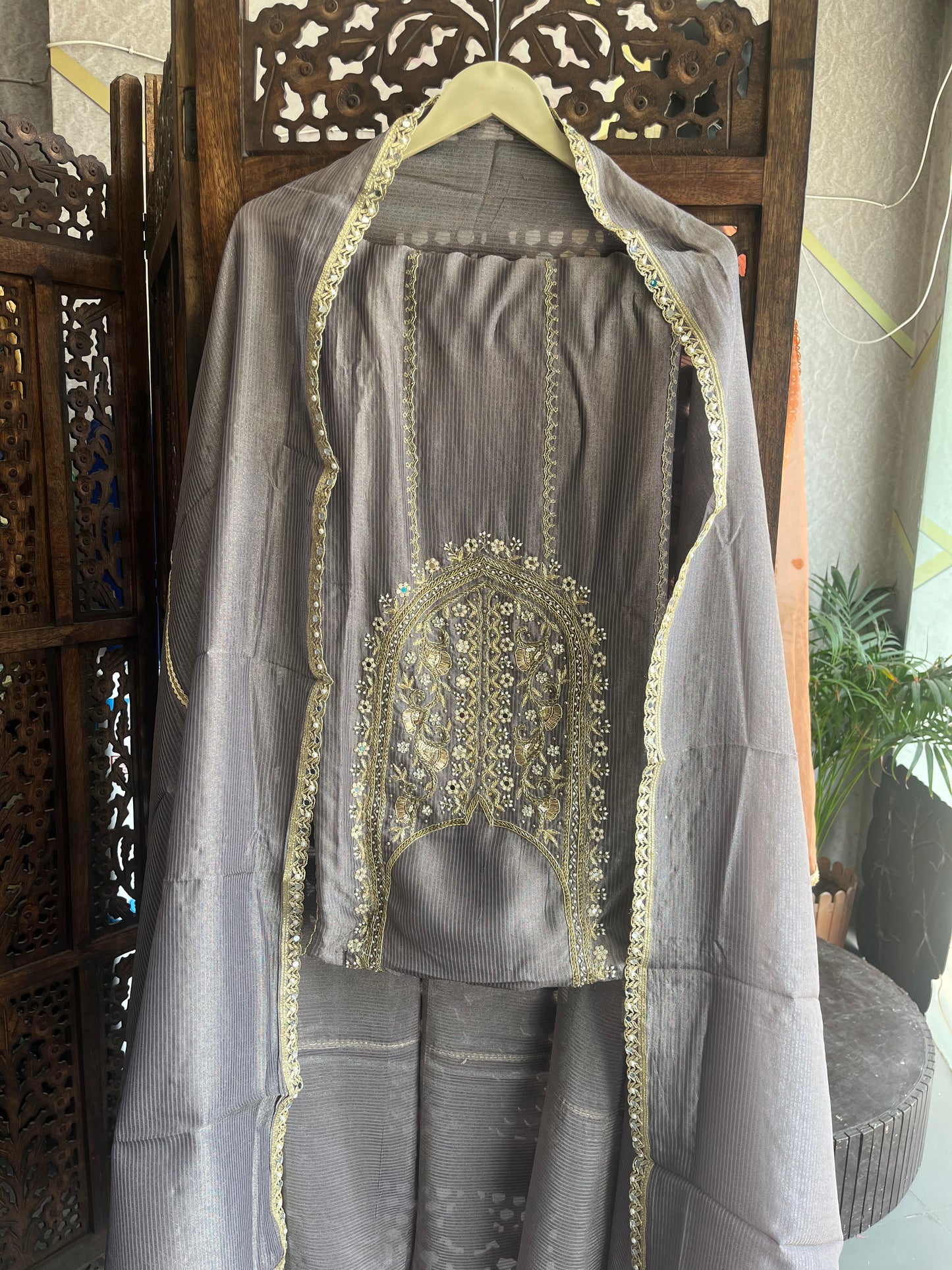 Grey Silk Embroidered Unstitched Salwar Suit with Dupatta (US)