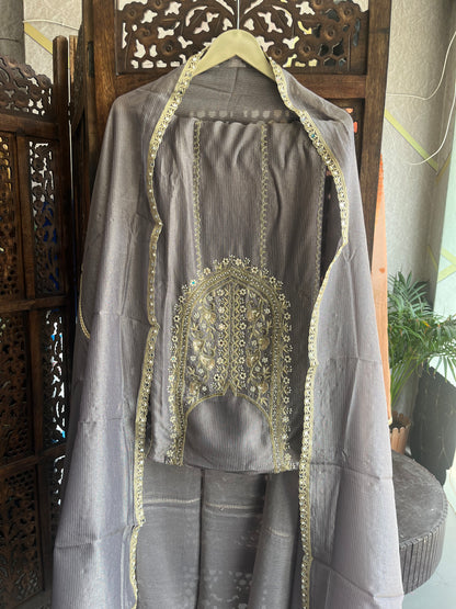Grey Silk Embroidered Unstitched Salwar Suit with Dupatta (US)