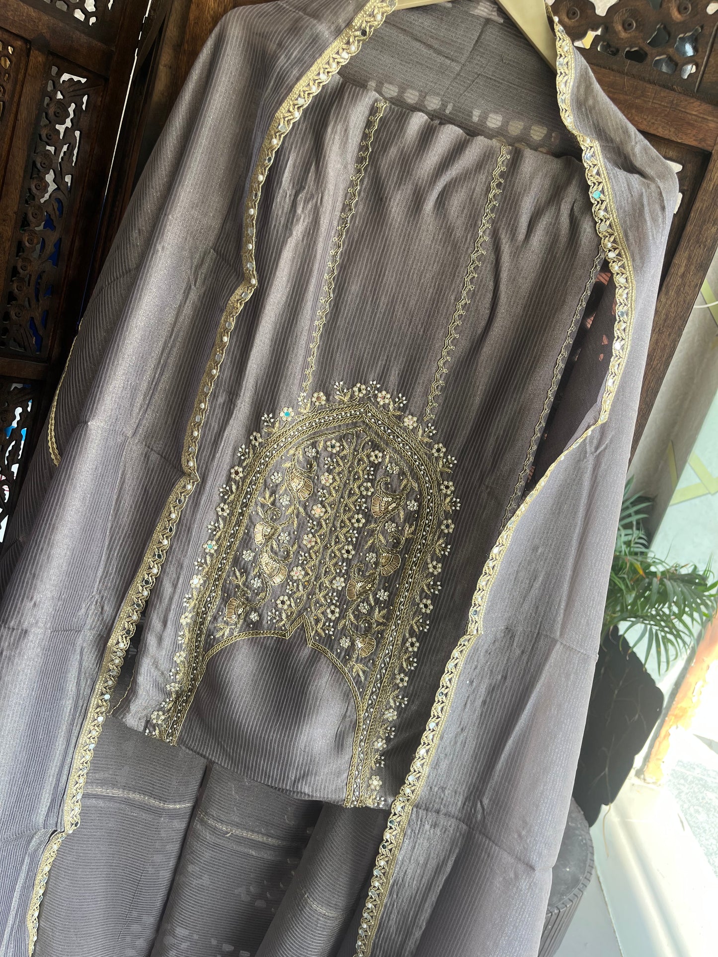 Grey Silk Embroidered Unstitched Salwar Suit with Dupatta (US)