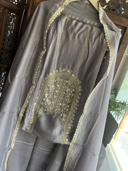 Grey Silk Embroidered Unstitched Salwar Suit with Dupatta (US)