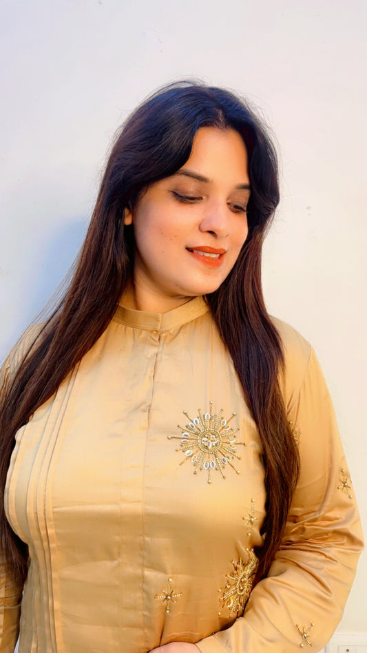 Beige Cotton Embroidered Co-Ord Set for Women
