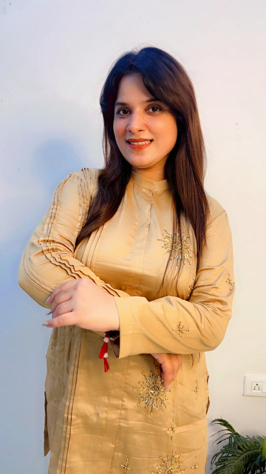 Beige Cotton Embroidered Co-Ord Set for Women