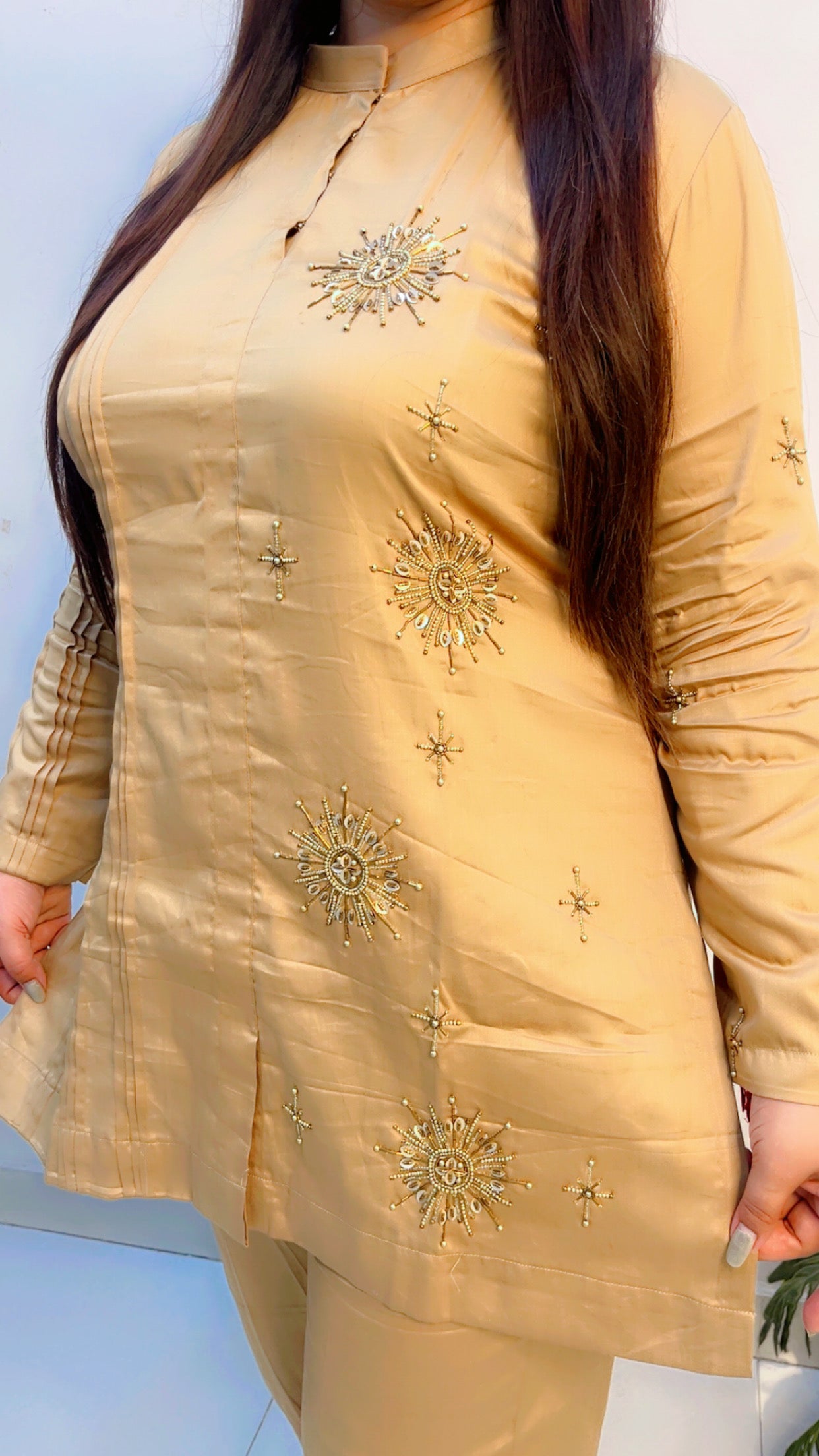 Beige Cotton Embroidered Co-Ord Set for Women
