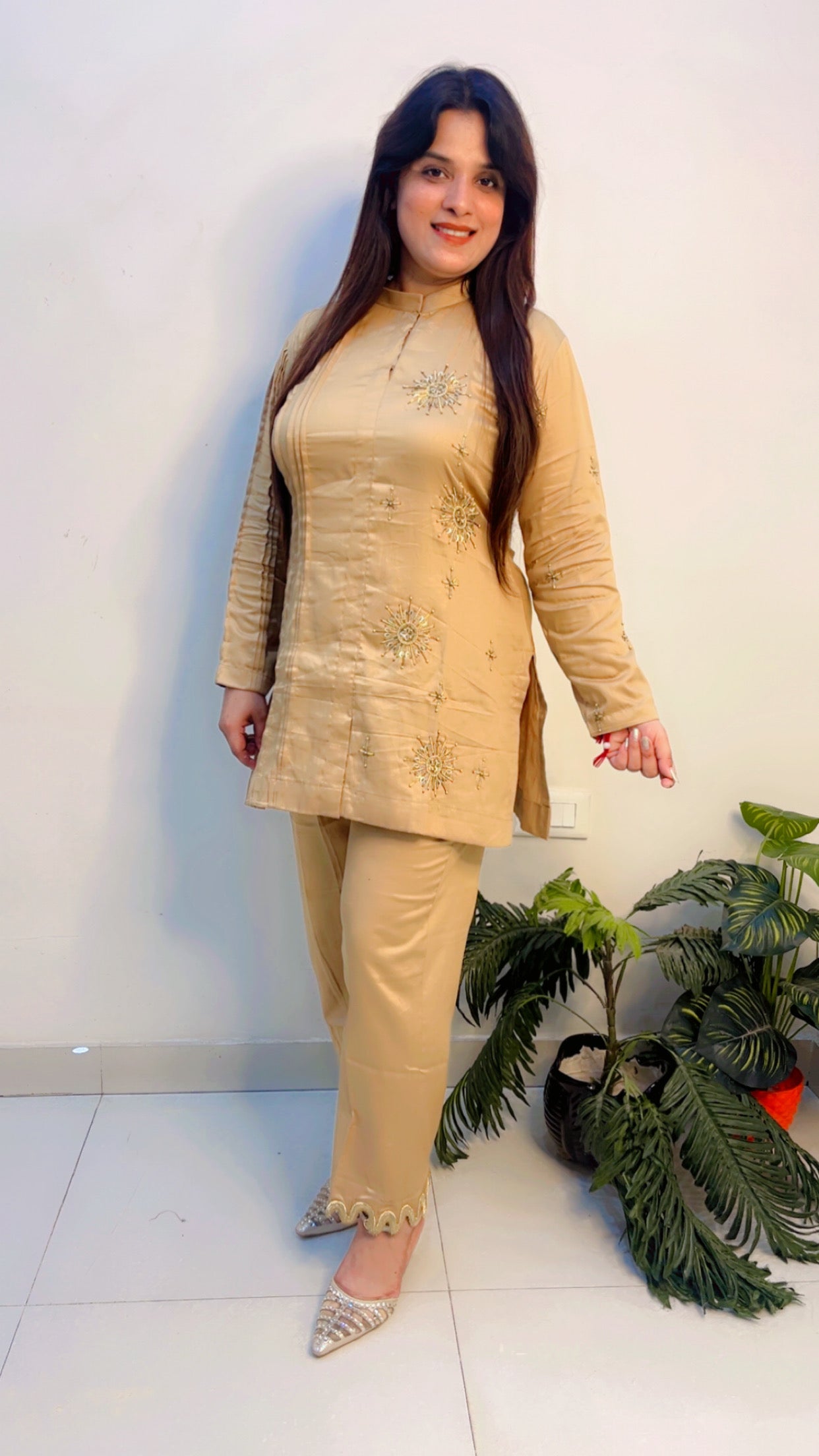 Light Golden Cotton Embroidered Co-Ord Set (CS006)