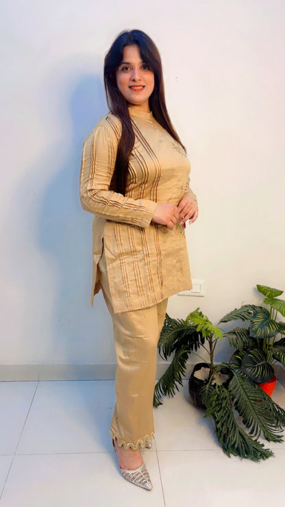 Beige Cotton Embroidered Co-Ord Set for Women