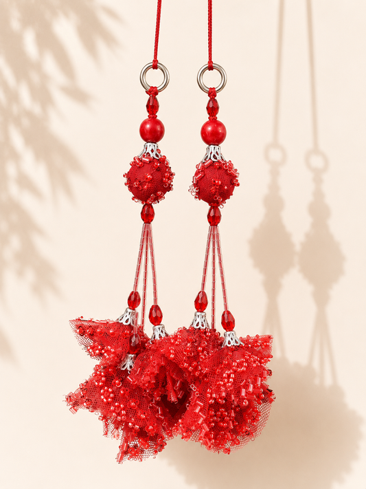 Red Handmade Worked Fabric Hangings With Beadwork (HG010)