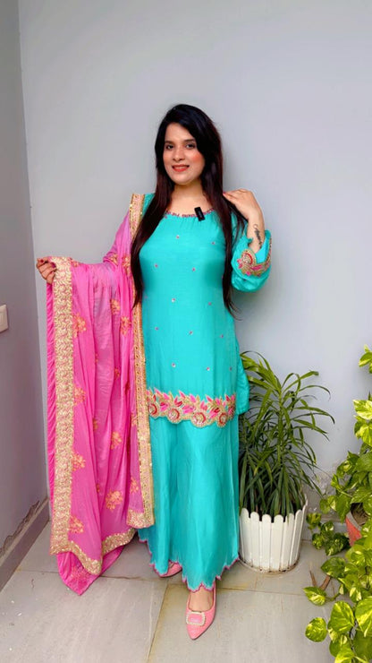 Triple Layered Scalloping Palazzo Kurti And Dupatta Set