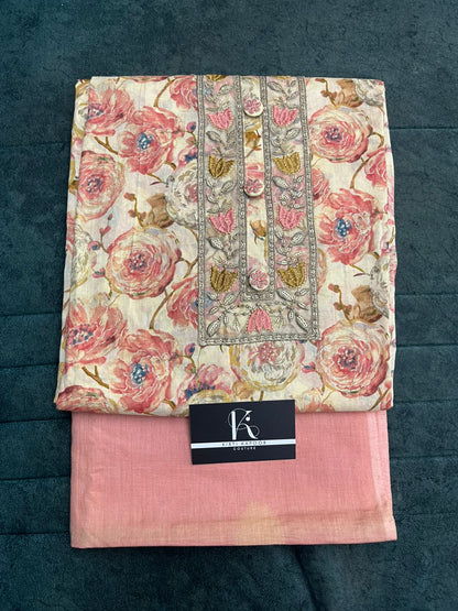 Beige and Peach Cotton Unstitched Salwar Suit