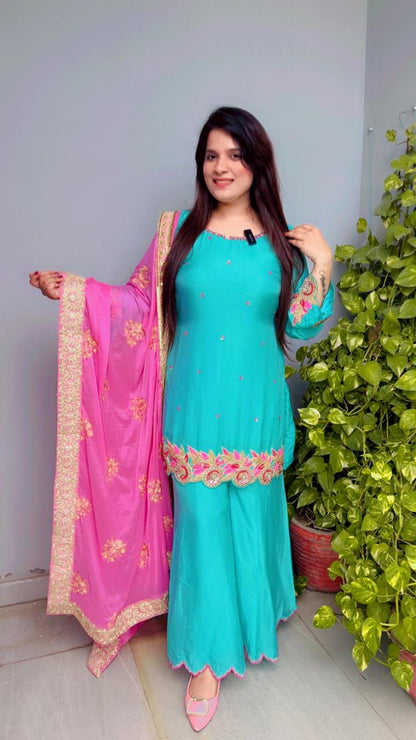 Triple Layered Scalloping Palazzo Kurti And Dupatta Set