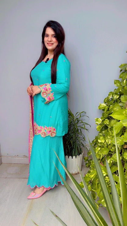 Triple Layered Scalloping Palazzo Kurti And Dupatta Set