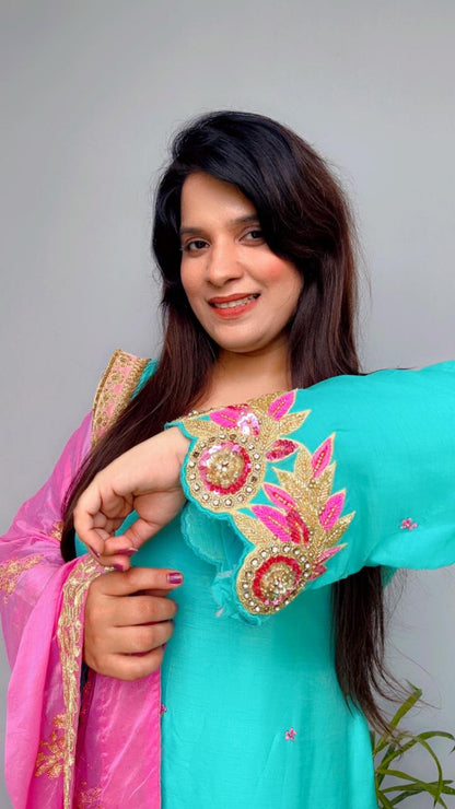 Triple Layered Scalloping Palazzo Kurti And Dupatta Set