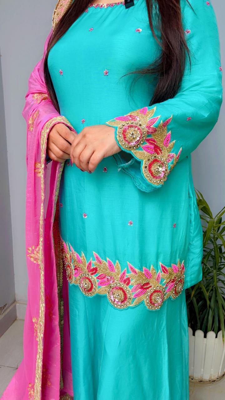Triple Layered Scalloping Palazzo Kurti And Dupatta Set