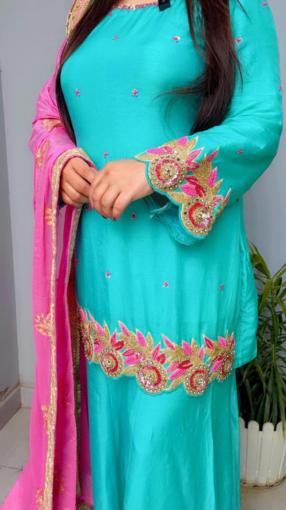 Triple Layered Scalloping Palazzo Kurti And Dupatta Set