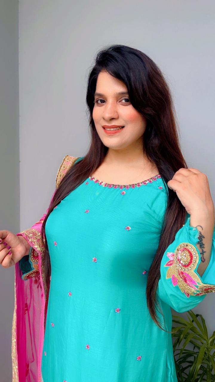 Triple Layered Scalloping Palazzo Kurti And Dupatta Set