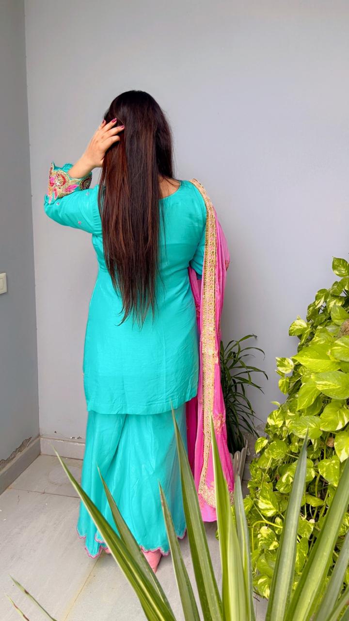 Triple Layered Scalloping Palazzo Kurti And Dupatta Set