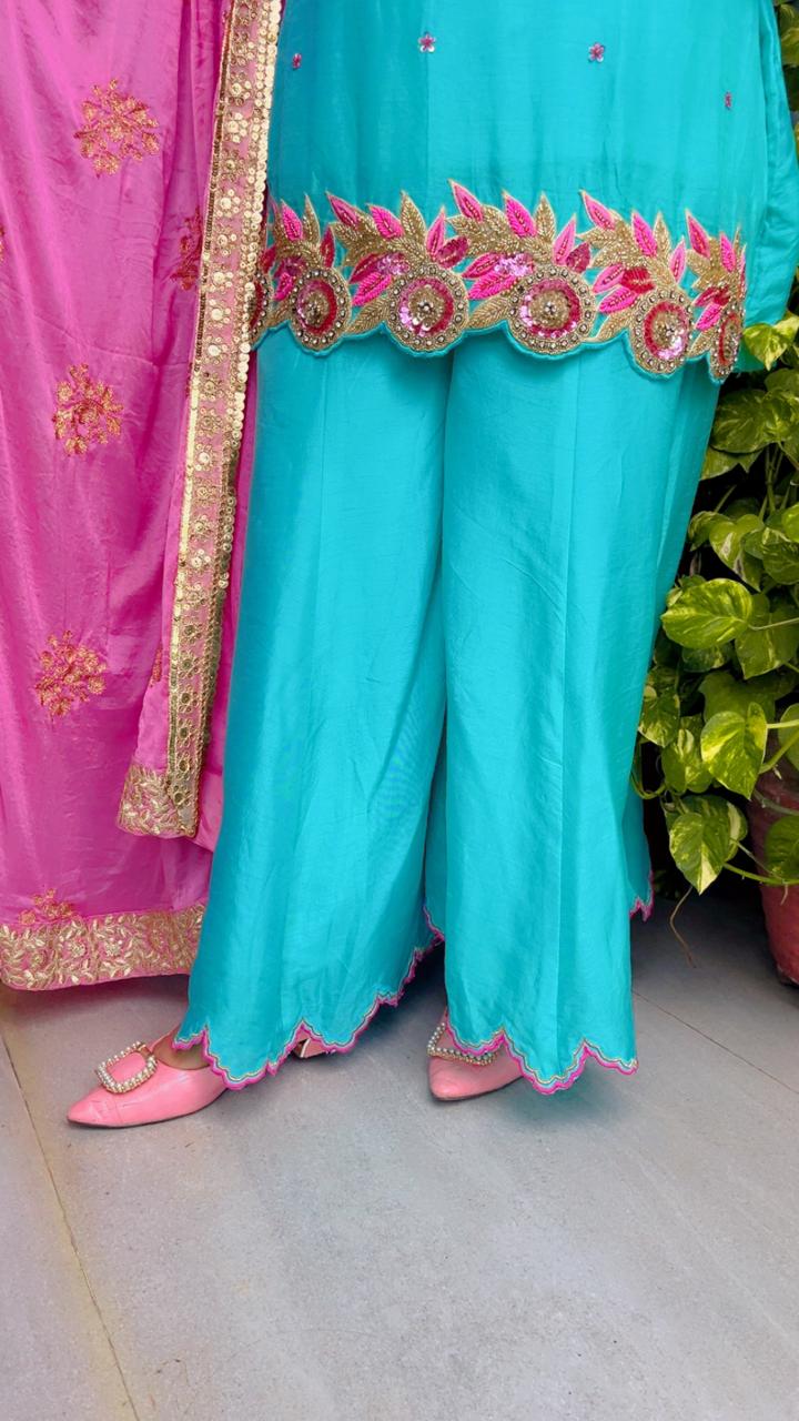 Triple Layered Scalloping Palazzo Kurti And Dupatta Set