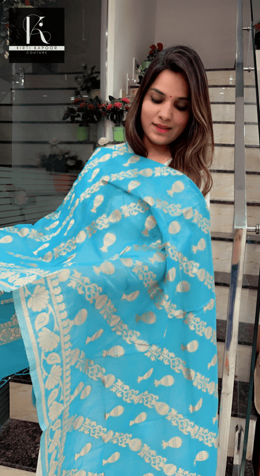 Banarasi Dupatta (Sky Blue with Golden Floral Work) - Kirti Kapoor Couture