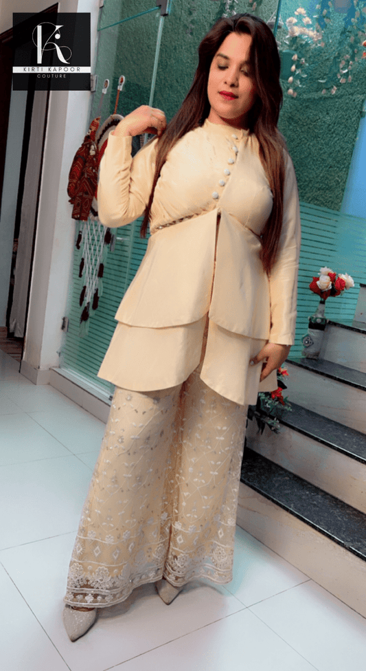 Beige Silk Shirt with Thread - Work Plazo - Kirti Kapoor Couture