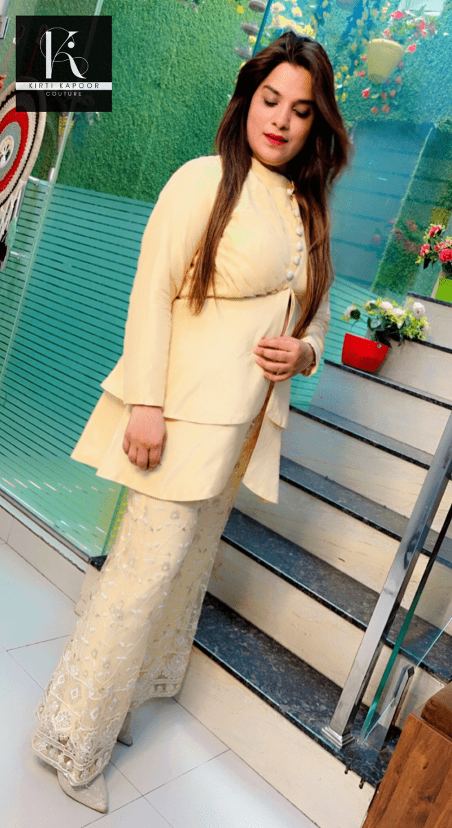 Beige Silk Shirt with Thread - Work Plazo - Kirti Kapoor Couture
