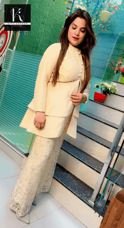 Beige Silk Shirt with Thread - Work Plazo - Kirti Kapoor Couture