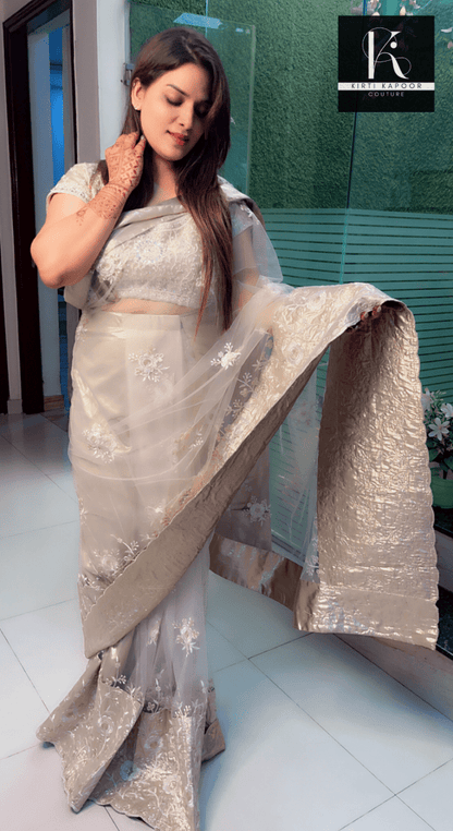 Beige Worked Net Saree with a Designer Blouse - Kirti Kapoor Couture