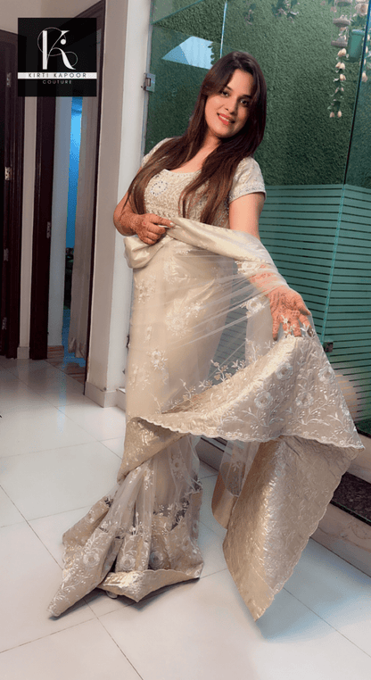 Beige Worked Net Saree with a Designer Blouse - Kirti Kapoor Couture