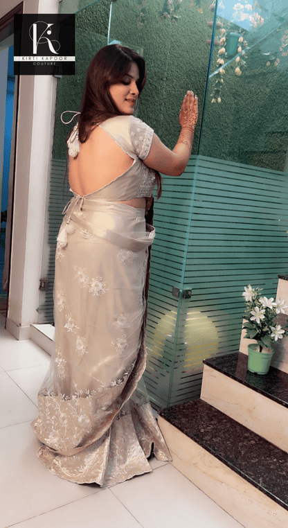 Beige Worked Net Saree with a Designer Blouse - Kirti Kapoor Couture