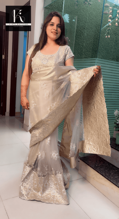 Beige Worked Net Saree with a Designer Blouse - Kirti Kapoor Couture