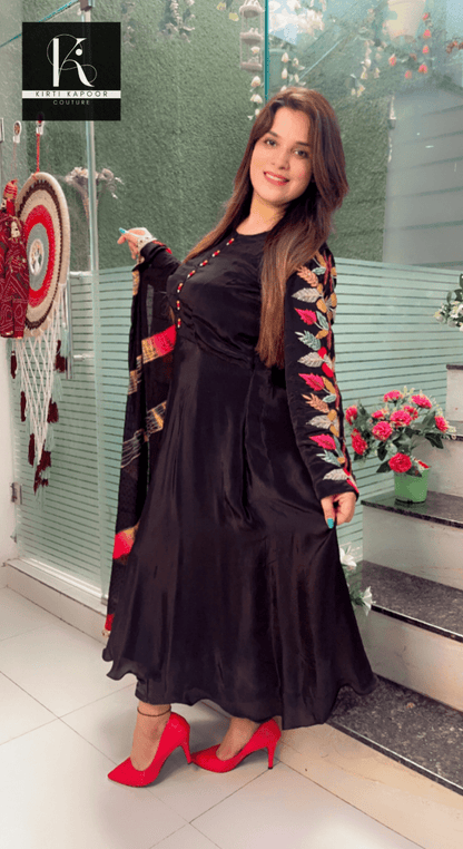 Black Crepe Anarkali with Embroidered Sleeves and Tie - Dye Dupatta - Kirti Kapoor Couture