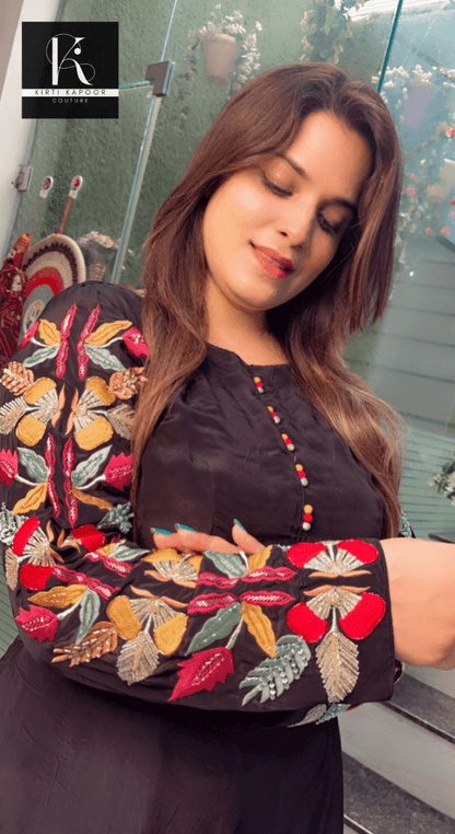 Black Crepe Anarkali with Embroidered Sleeves and Tie - Dye Dupatta - Kirti Kapoor Couture