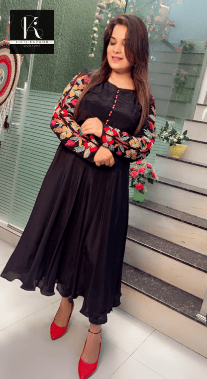 Black Crepe Anarkali with Embroidered Sleeves and Tie - Dye Dupatta - Kirti Kapoor Couture