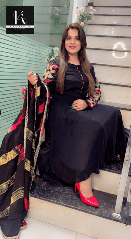 Black Crepe Anarkali with Embroidered Sleeves and Tie - Dye Dupatta - Kirti Kapoor Couture