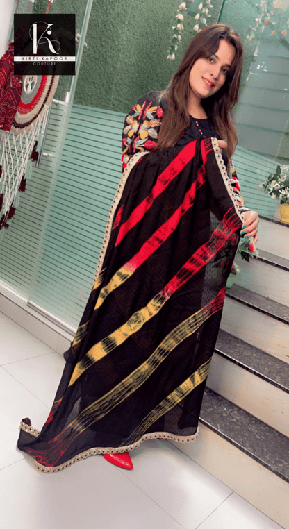 Black Crepe Anarkali with Embroidered Sleeves and Tie - Dye Dupatta - Kirti Kapoor Couture